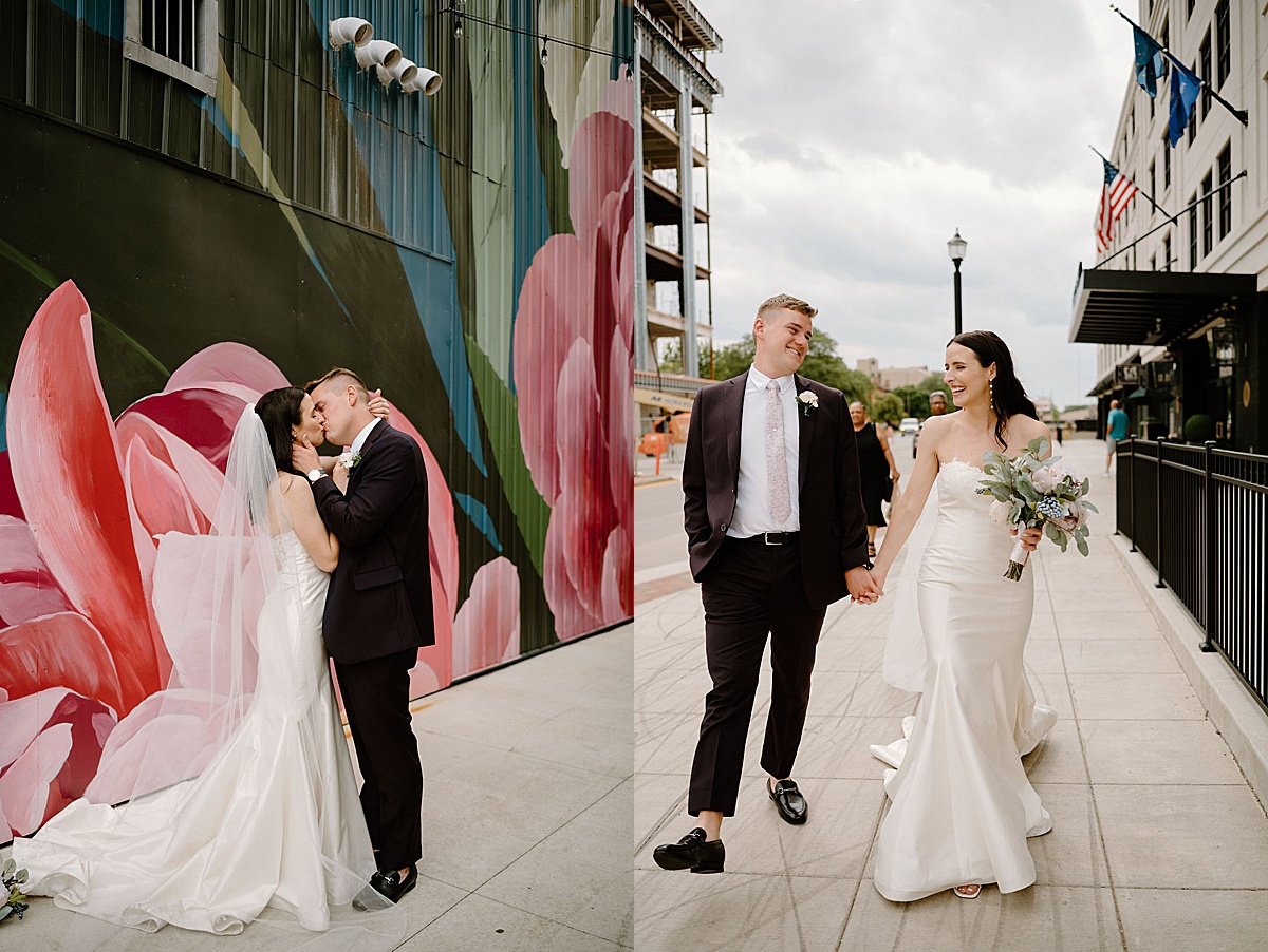 bride and groom in elegant simple wedding finery stroll through colorful downtown city shot by Indigo Lace Collective