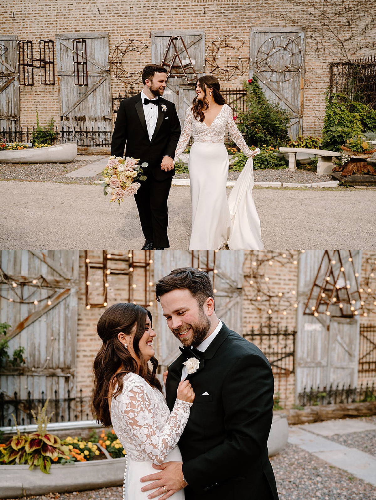 bride in boho gown and groom in black tux pose at Salvage one summer wedding