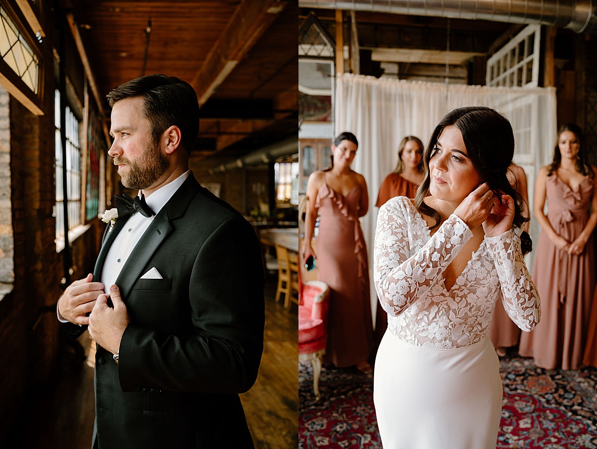 bride and groom get ready at rustic hotel with wedding party before Salvage one summer wedding