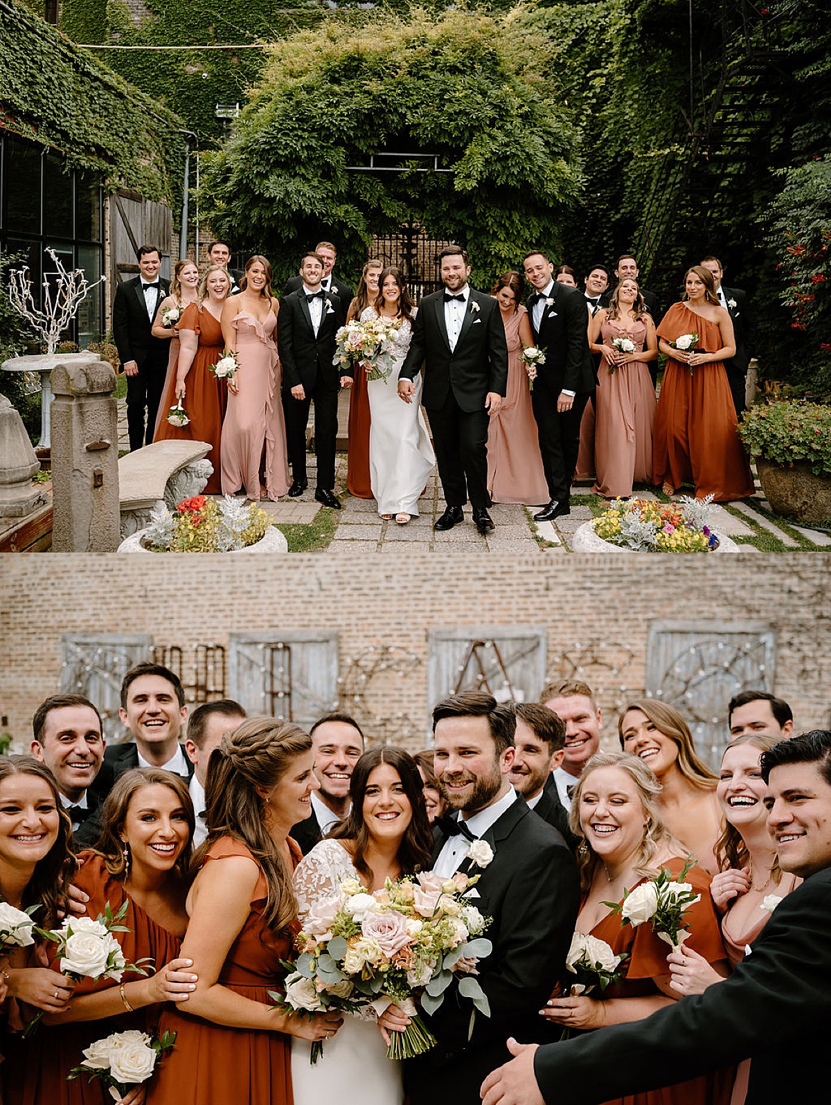 wedding party in warm summer colors celebrate bride and groom before ceremony shot by Indigo Lace Collective