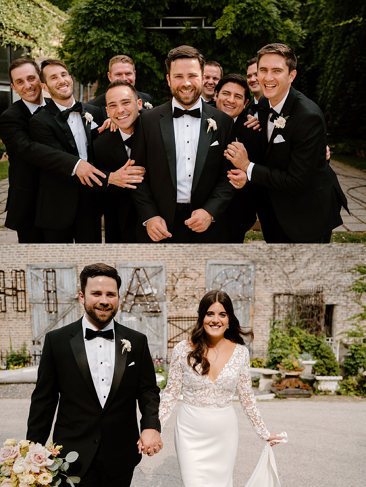 groomsmen surround smiling groom in front of ivy covered walls before wedding shot by Indigo Lace Collective