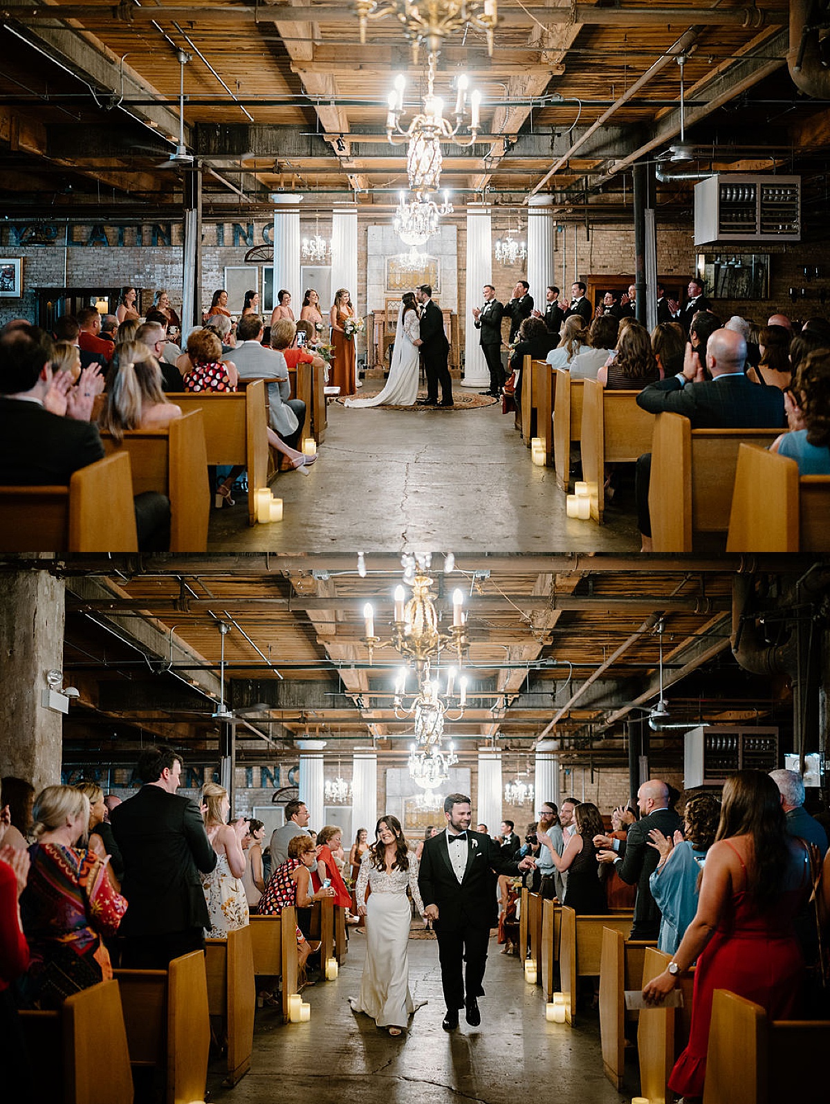 bride and groom share vows and a kiss at salvage one chicago venue wedding shot by Indigo Lace Collective