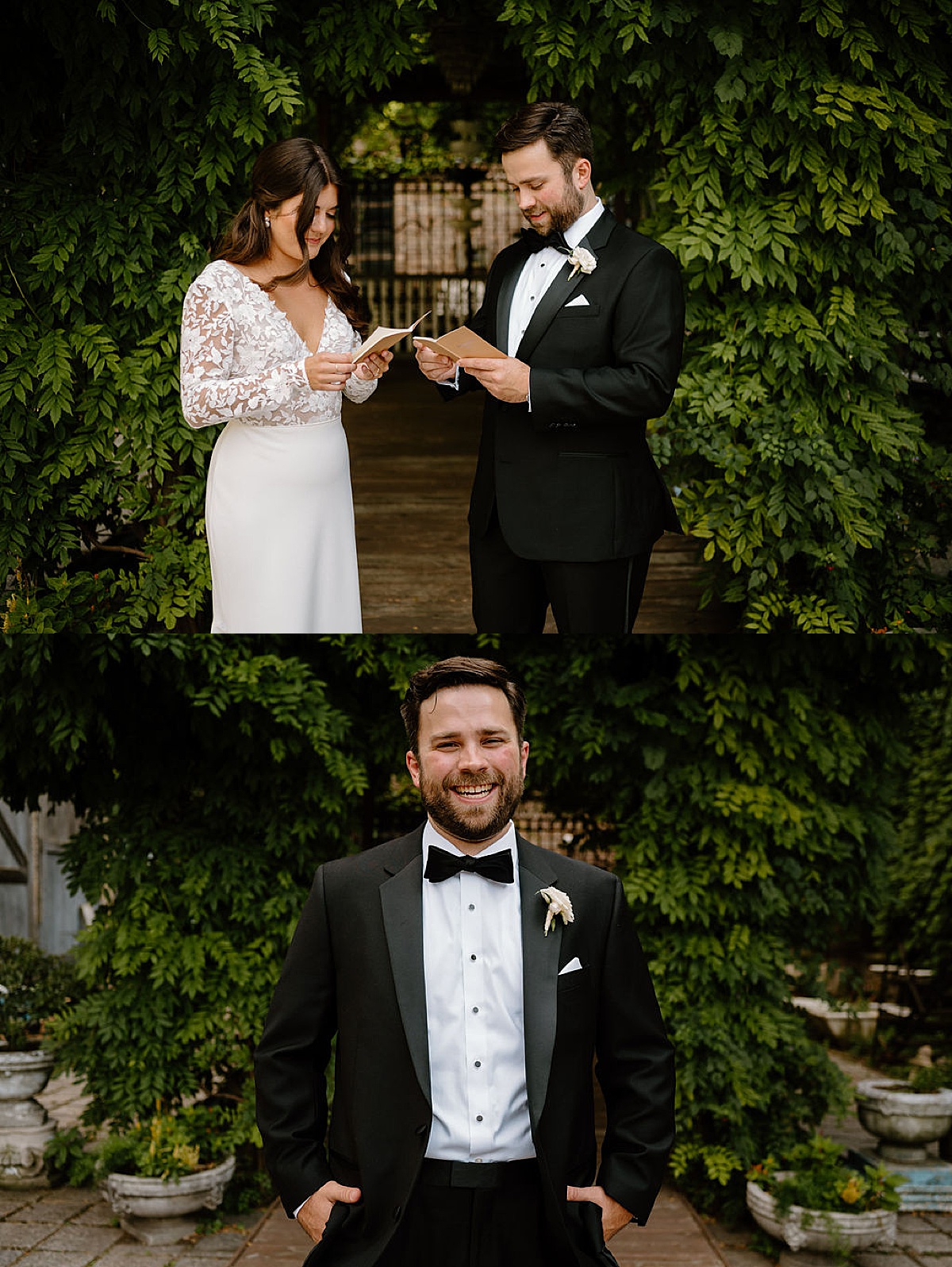 boho elegant bride and groom read each other's vows before ceremony shot by chicago wedding photographer