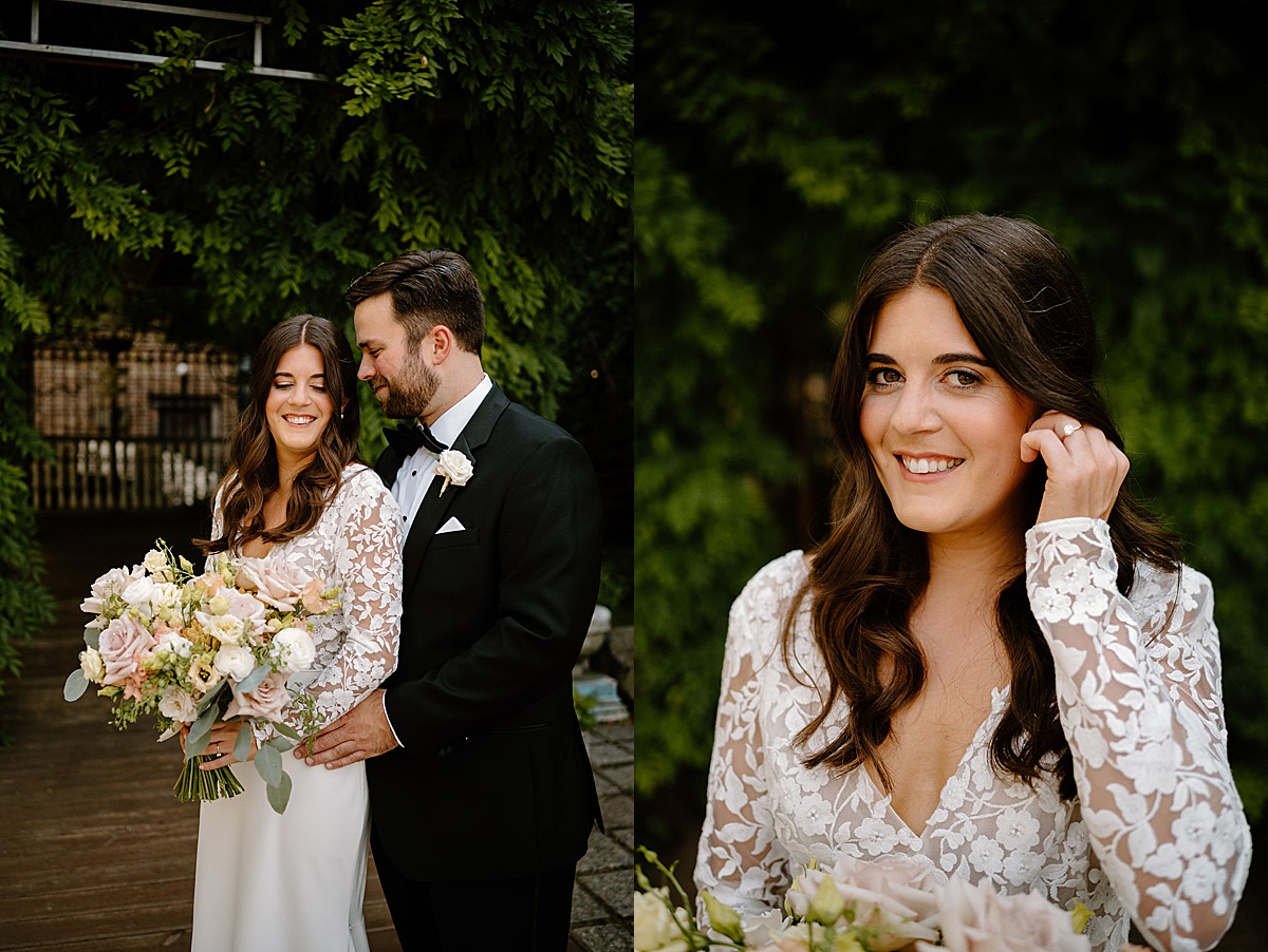 bride and groom in elegant white and black evening wear pose with pale pink rose bouquet during portraits shot by chicago wedding photographer