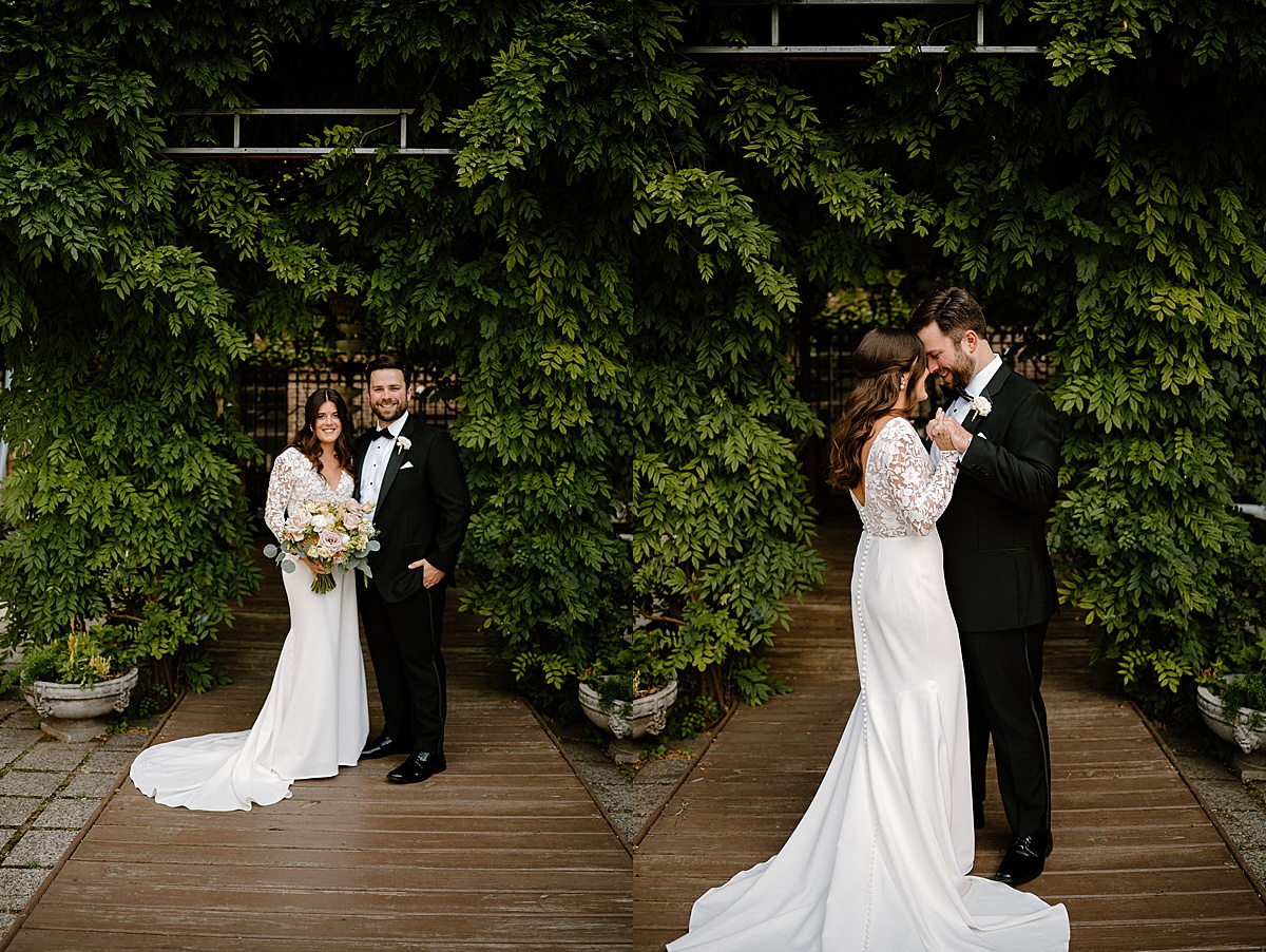 classic bride and groom share first dance in front of ivy walls shot by chicago wedding photographer