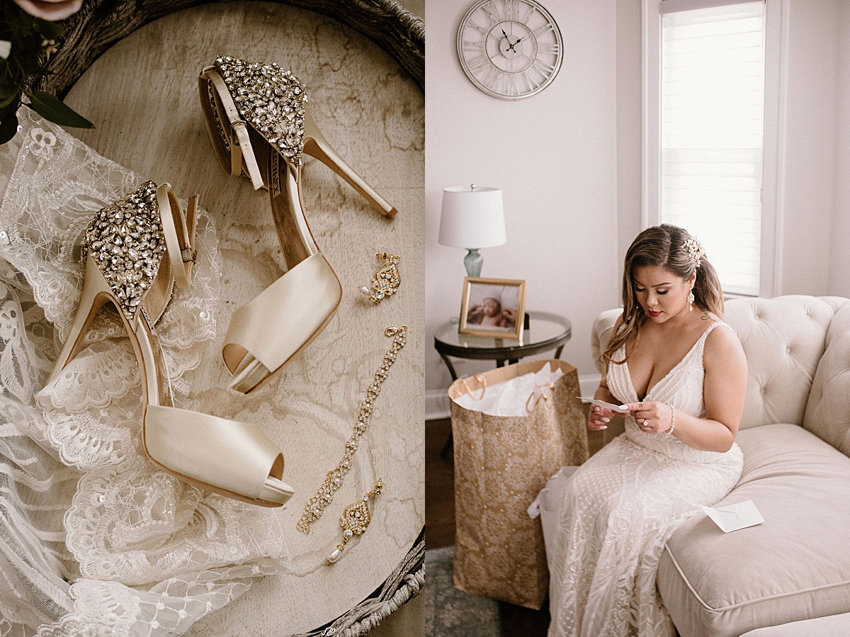 bride reads a letter from the groom with gemstone embellished high heels before Ravenswood event center spring wedding