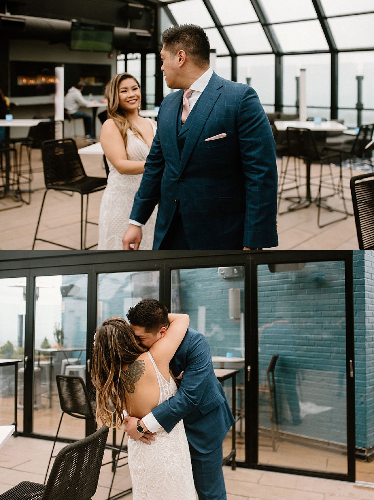 bride and groom share first look on rooftop before chicago Ravenswood event center spring wedding