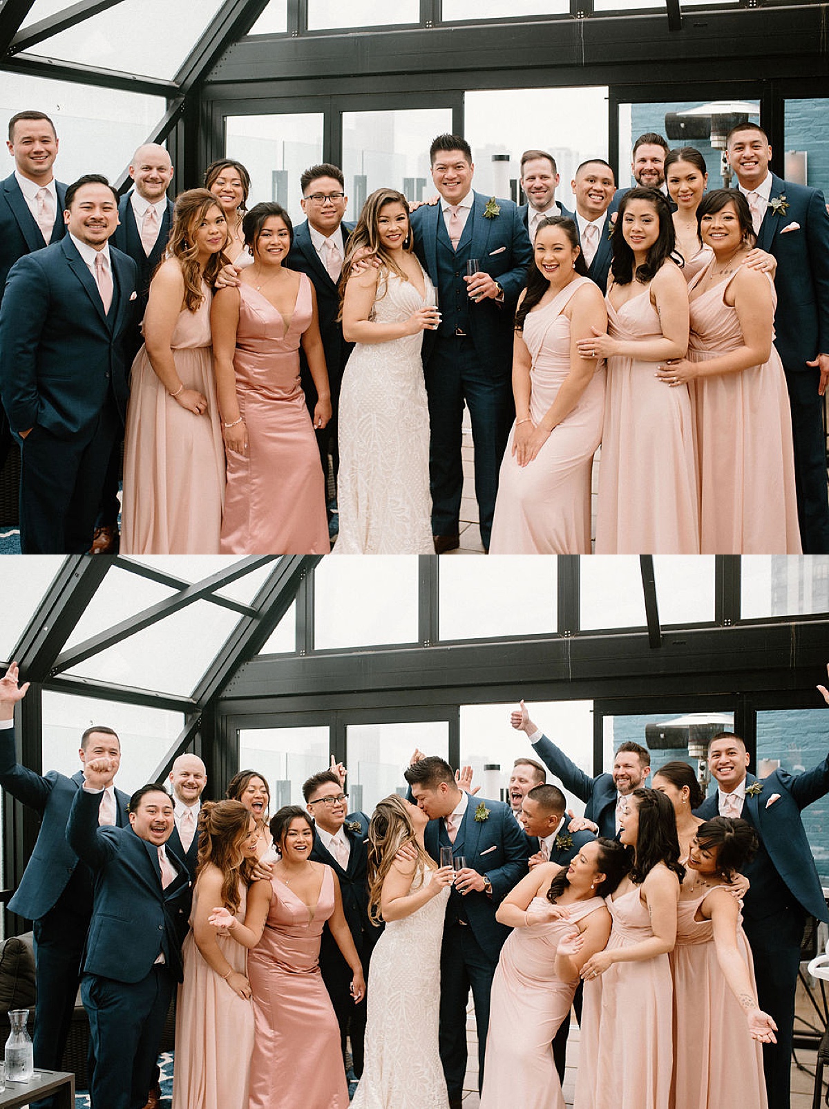wedding party in pink and navy pose with couple on rooftop shot by chicago wedding photographer