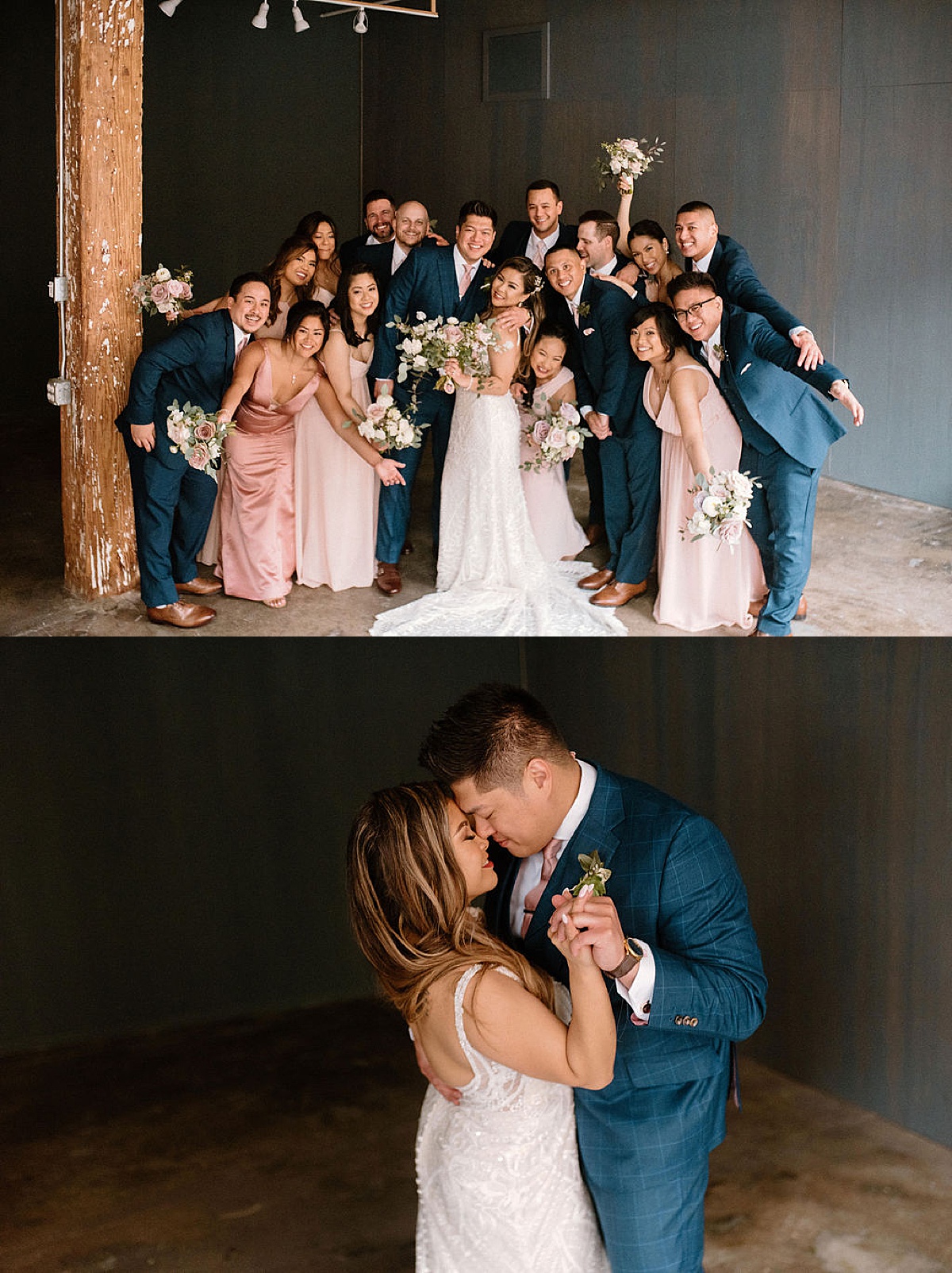 bride and groom pose with pastel and navy blue clad wedding party before ceremony shot by chicago wedding photographer
