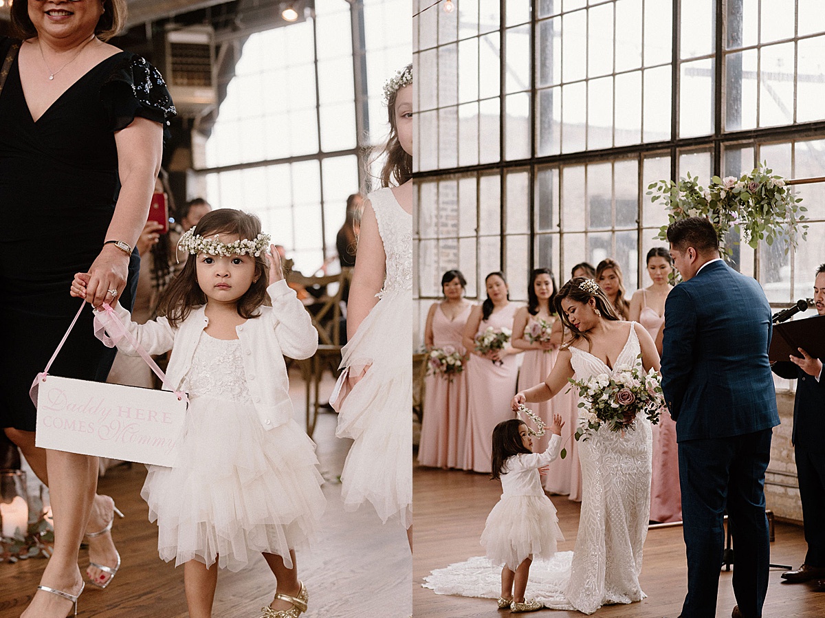 flower girl holds on to flower crown as she walks up the aisle to elegant bride and groom | chicago wedding photographer