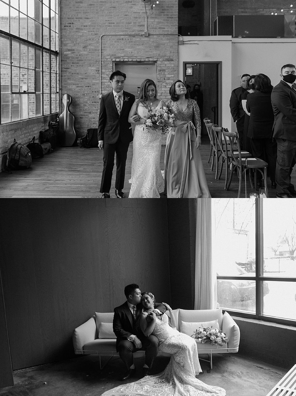 Bride's family walk her up the aisle, then she and the groom relax on a couch at reception venue shot by chicago wedding photographer