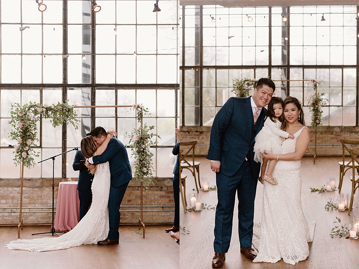 moments with bride, groom, and flower girl from beautiful Chicago wedding shot by Indigo Lace Collective