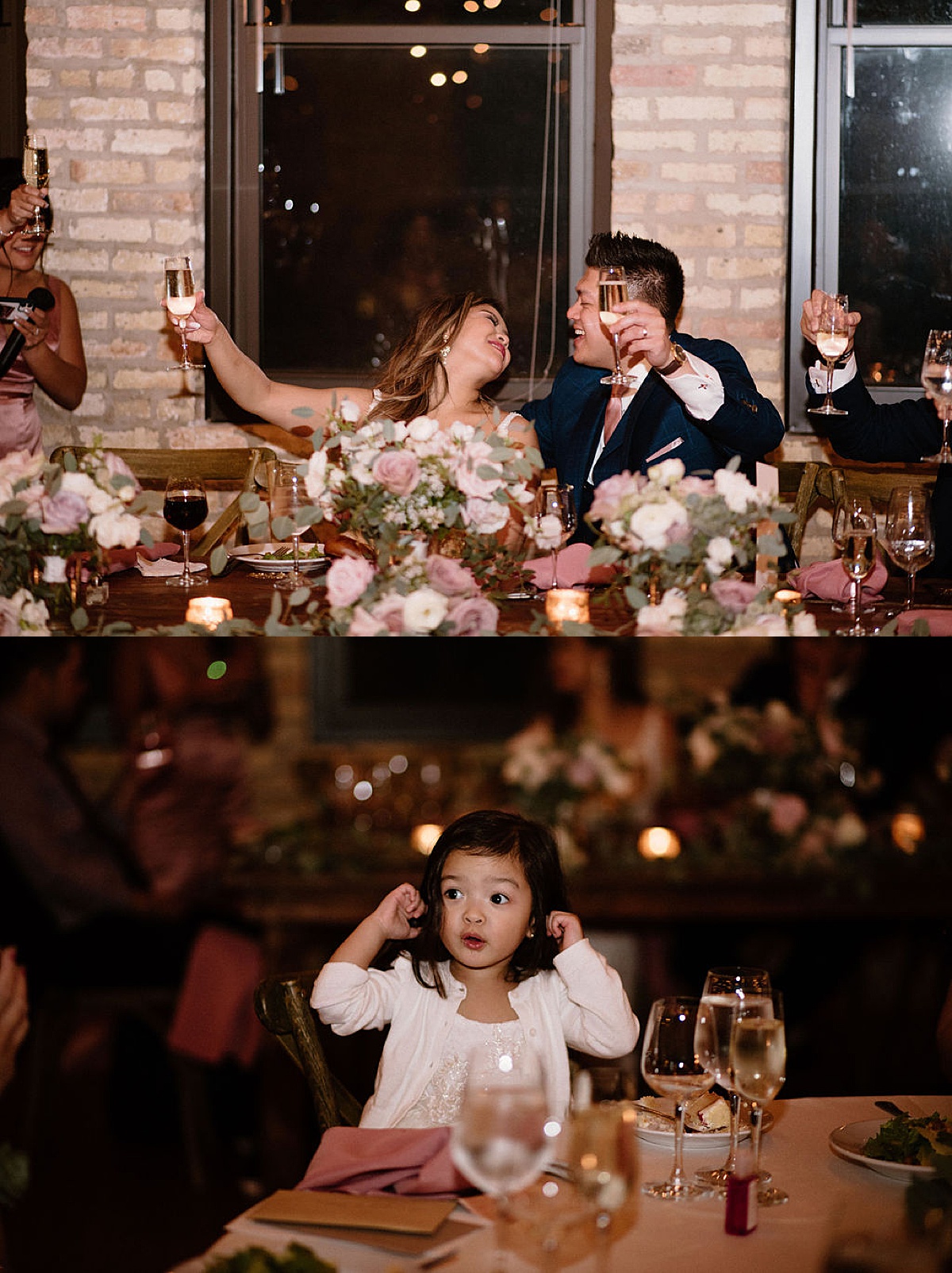 Bride and groom toast with the crowd at beautiful rose decorated reception shot by Indigo Lace Collective
