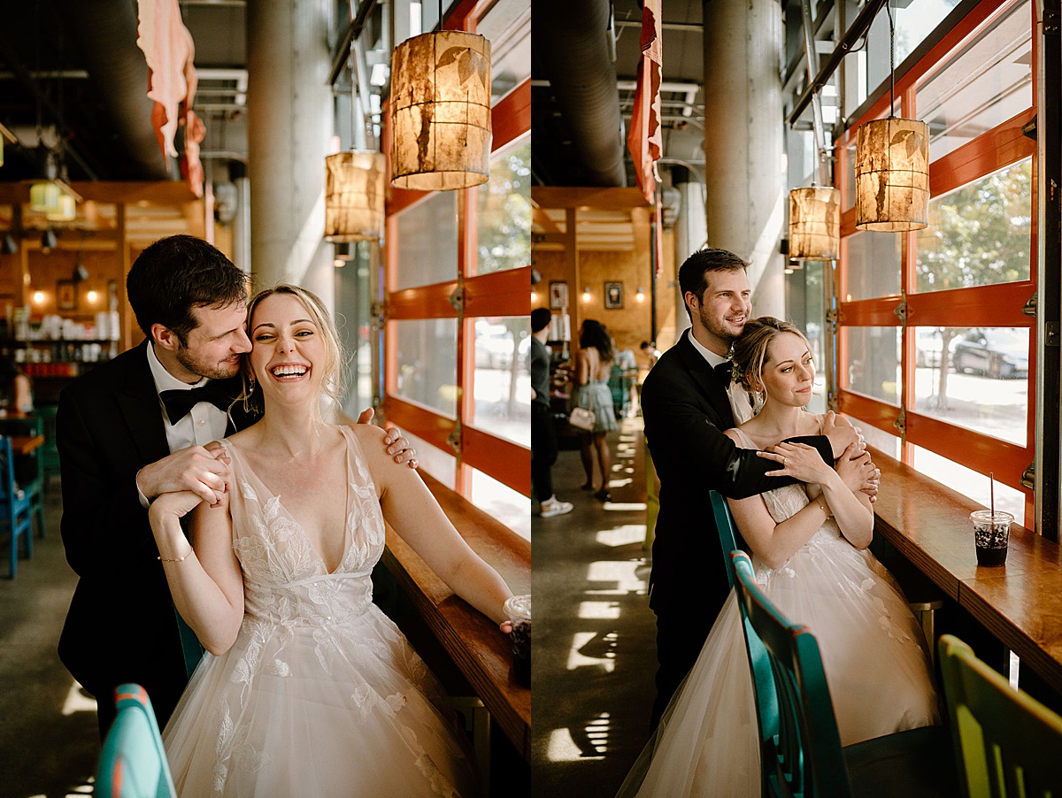 bride in tulle gown and groom visit Chicago cafe before a Whimsical  Summer Wedding