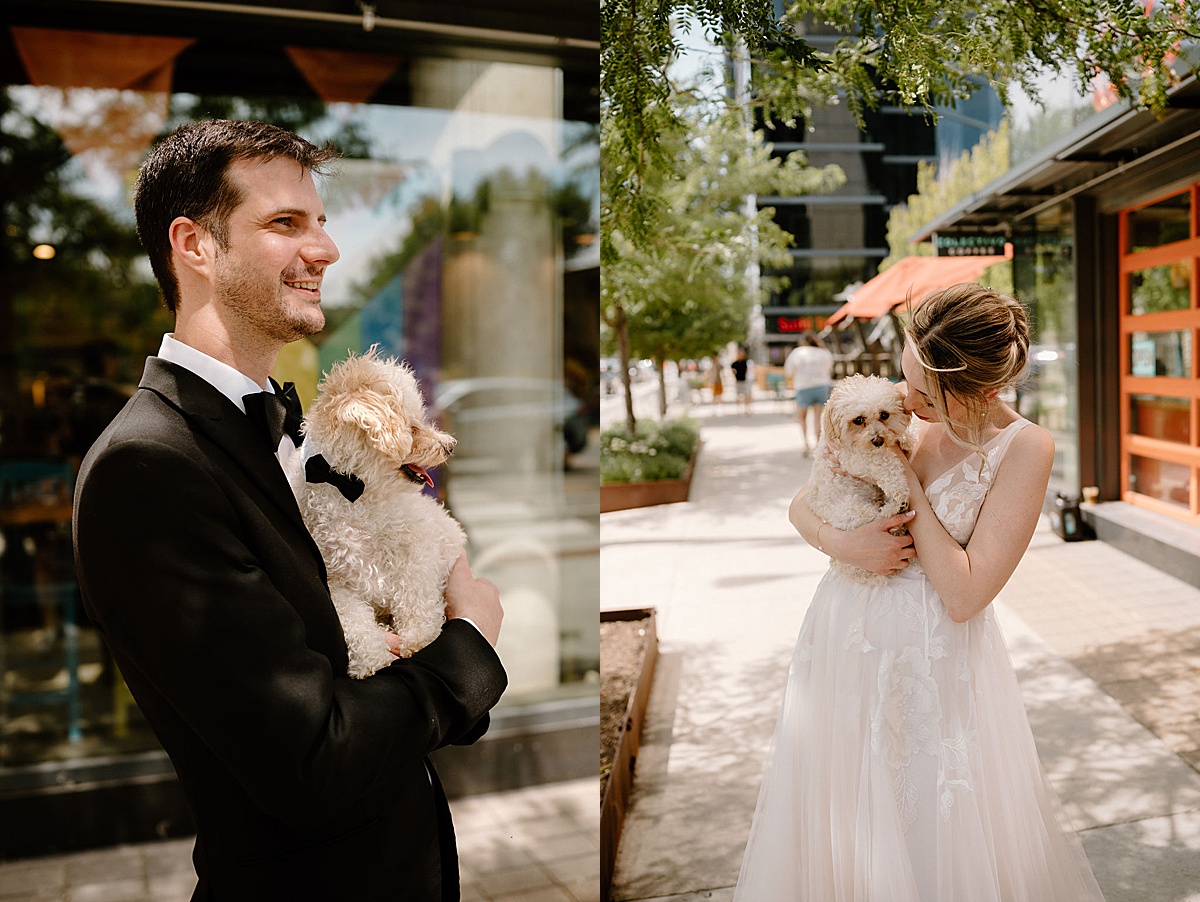 classy bride and groom pose with cute puppy before ceremony shot by chicago wedding photographer