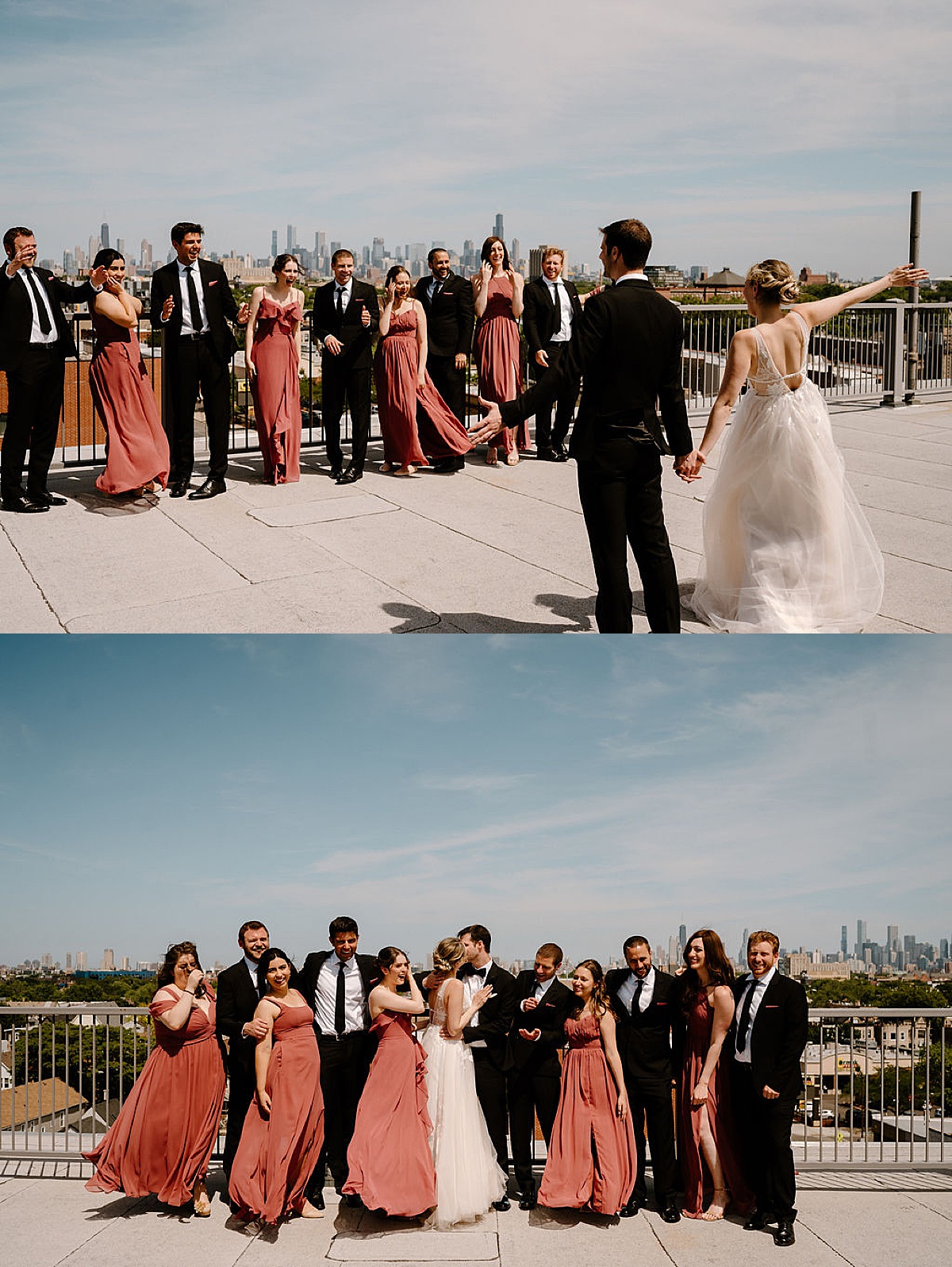 romantic bride and groom pose with wedding party on rooftop before ceremony shot by chicago wedding photographer