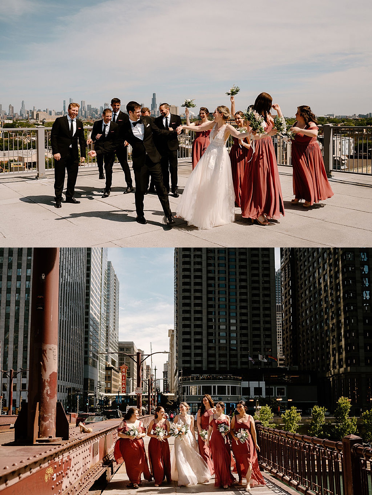 bride and groom celebrate with wedding party on rooftop shot by chicago wedding photographer