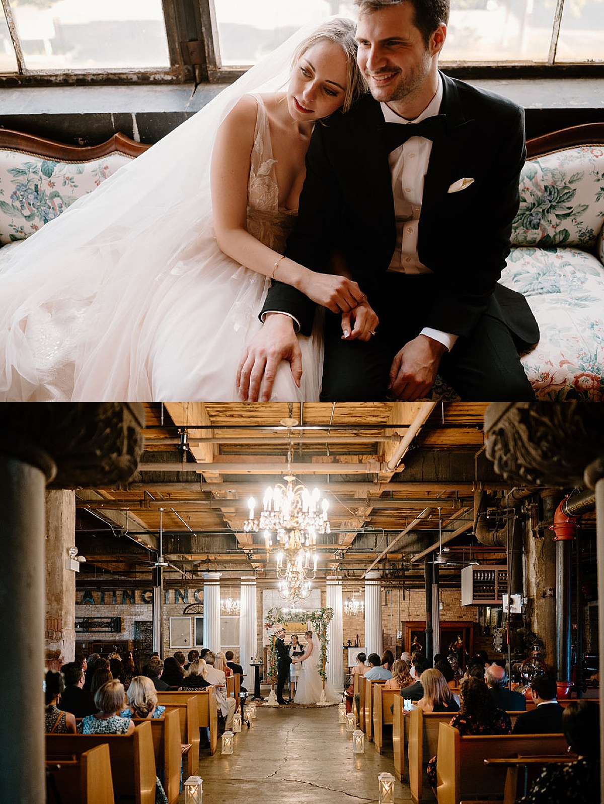 bride and groom pose before and during ceremony at salvage one chicago during ceremony shot by Indigo Lace Collective
