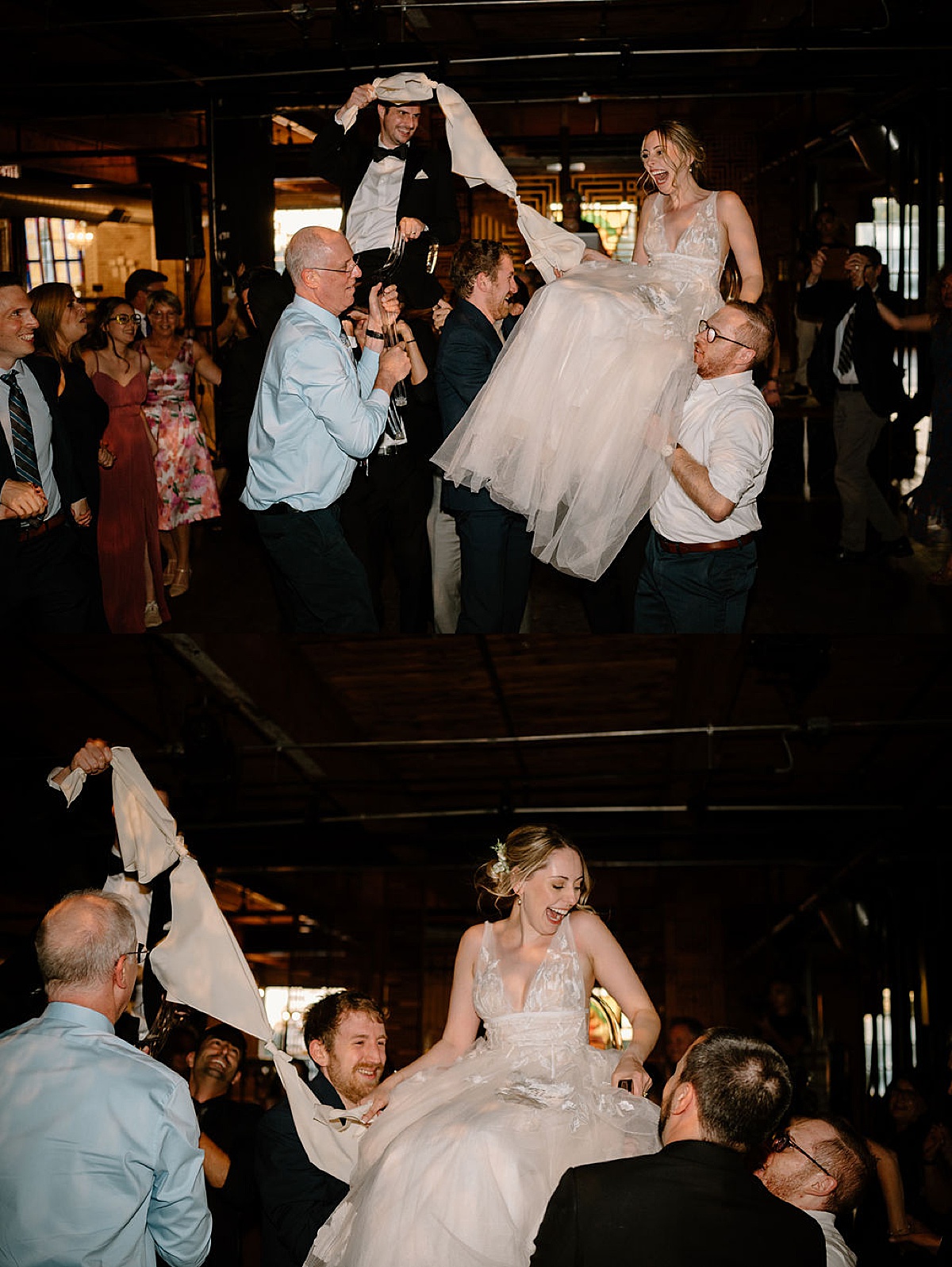 bride and groom are raised on chairs during reception dance shot by Indigo Lace Collective