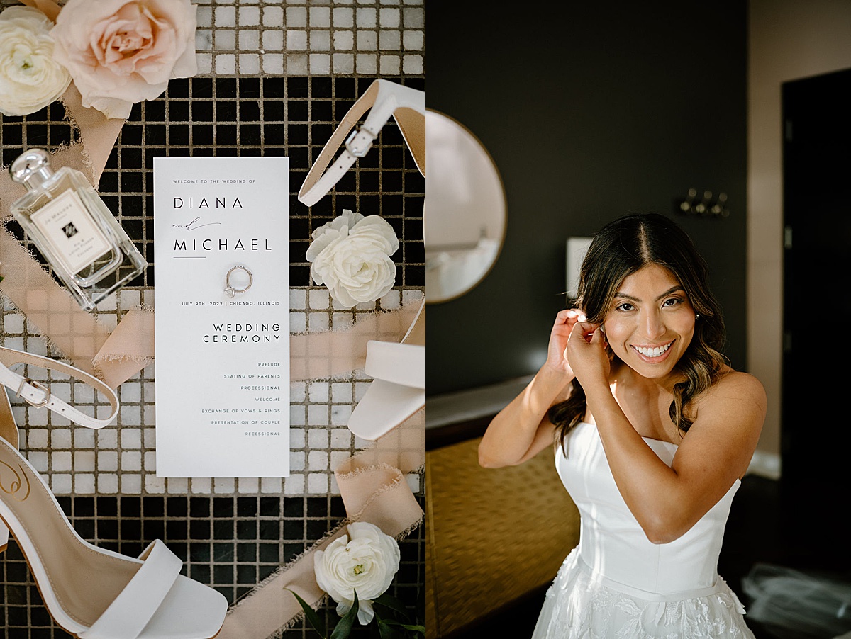 elegant details of stationary, perfume, high heels as bride gets ready for Mae District intimate Chicago Wedding