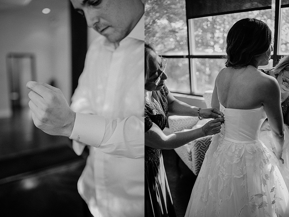 bride and groom get ready for Mae District intimate Chicago Wedding in elegant hotel