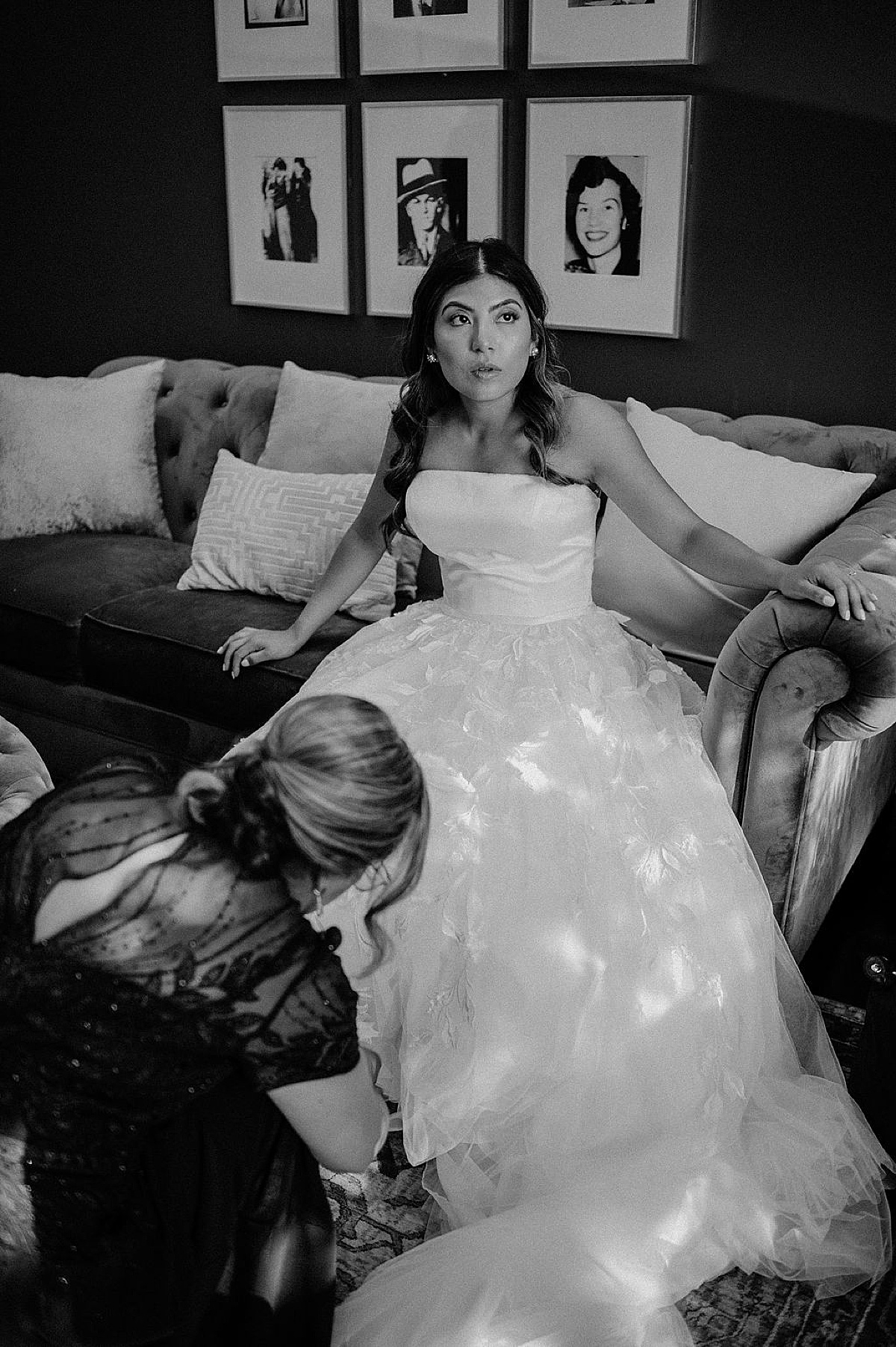 bride in chiffon and satin gown gets ready in luxe hotel for Mae District intimate Chicago Wedding