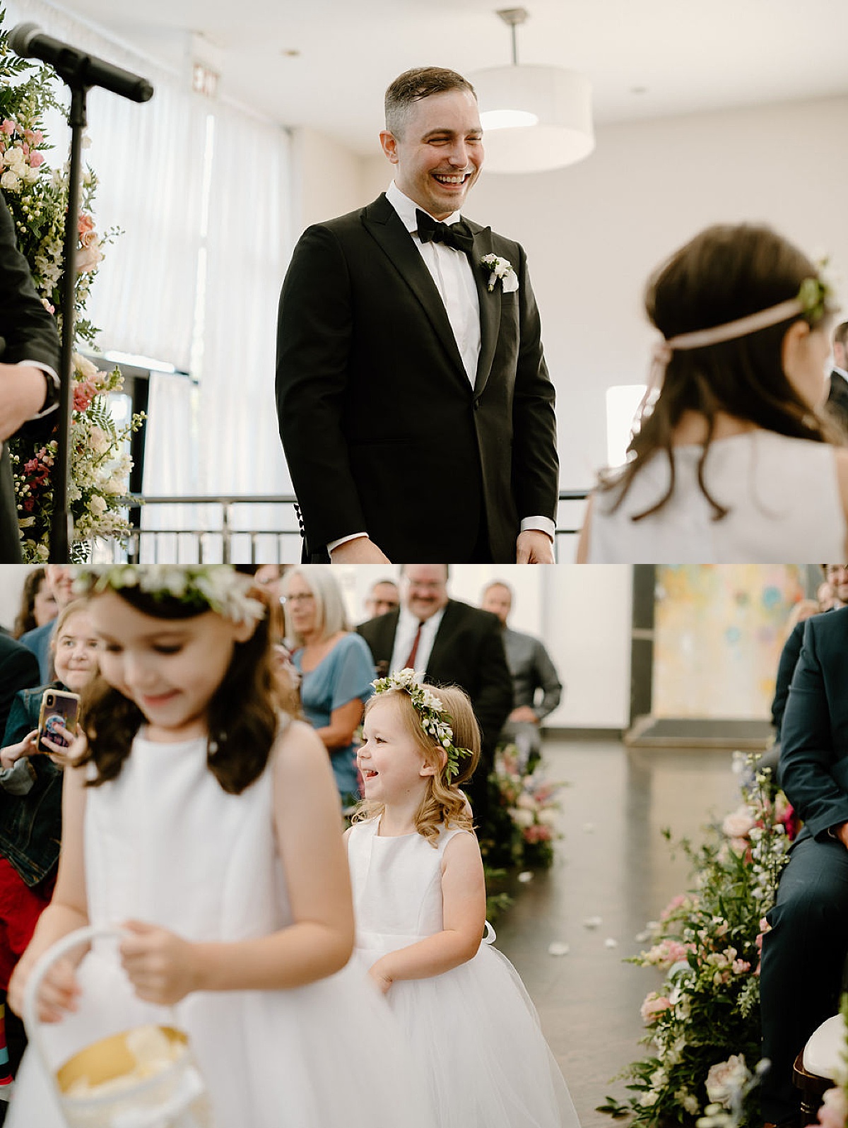 groom laughs as cute flower girls drop petals on the aisle at Mae District intimate Chicago Wedding