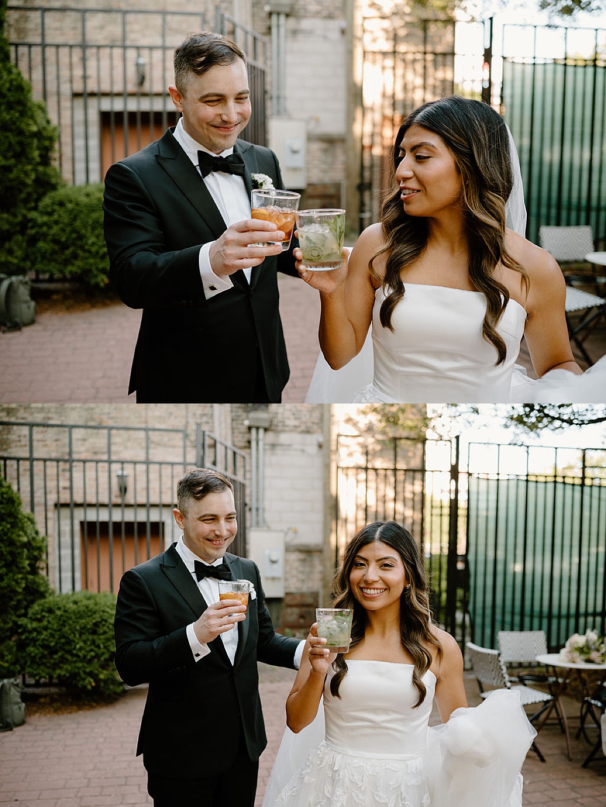classy bride and groom celebrate with artisanal cocktails after ceremony shot by Chicago wedding photographer