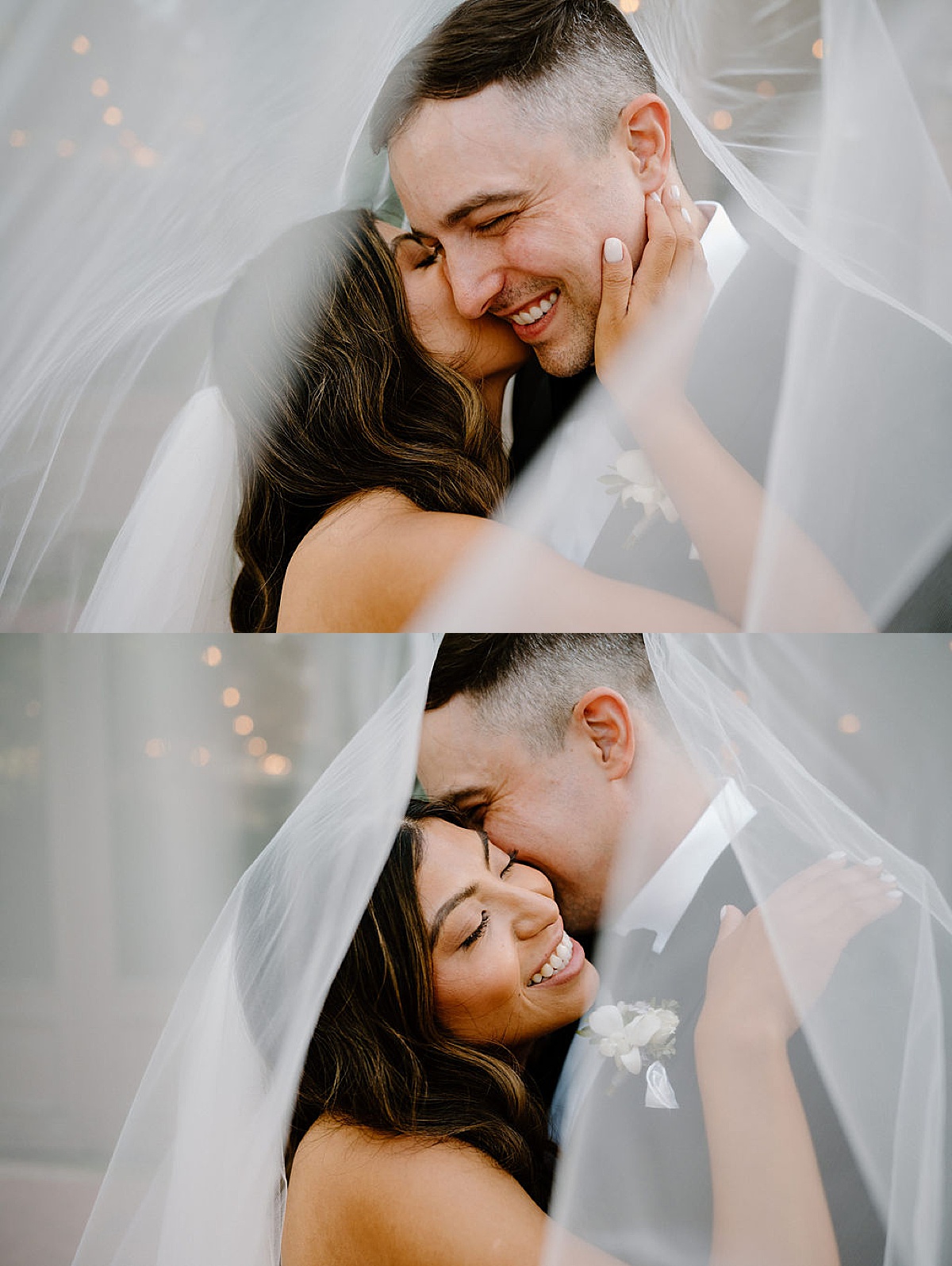 bride and groom laugh and kiss under bride's veil after intimate ceremony shot by Indigo Lace Collective