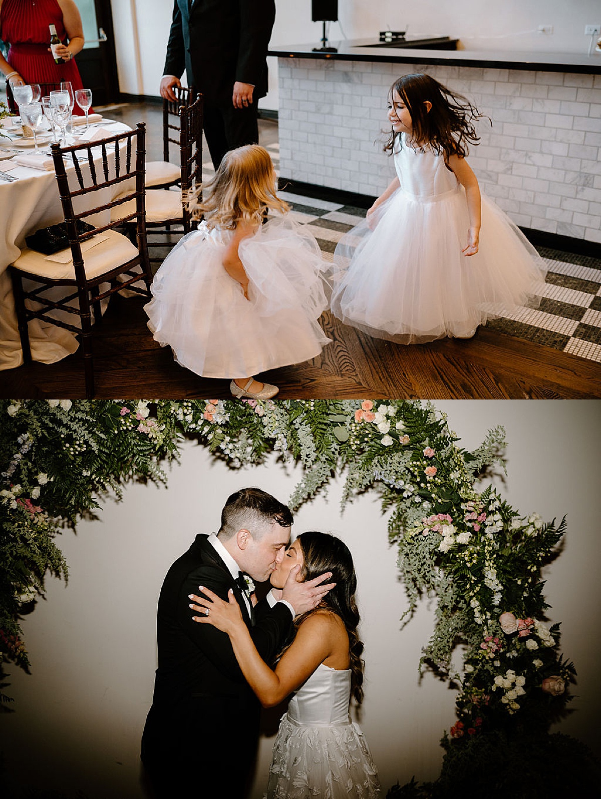 bride and groom and flower girls dance at reception in Chicago shot by Indigo Lace Collective