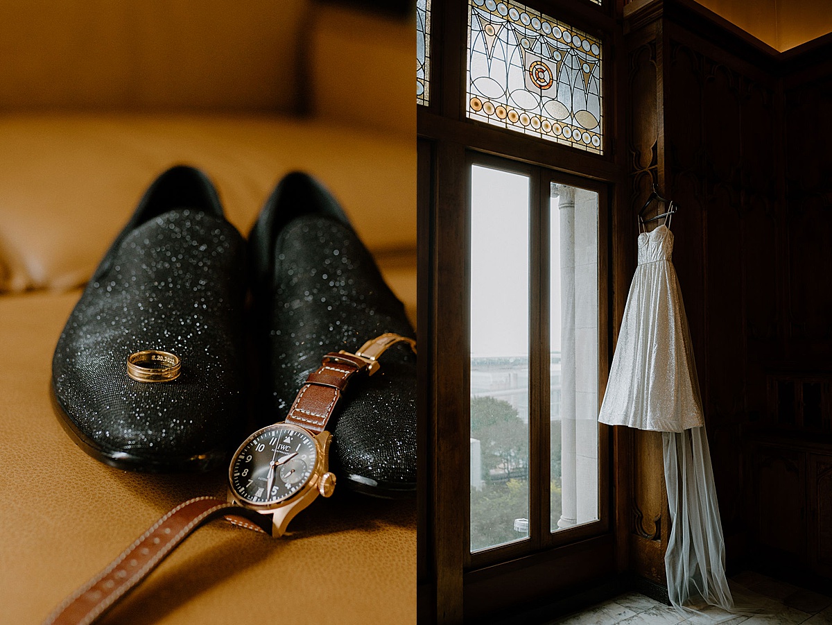 black glitter groom's evening shoes and watch sit with bride's gown before couple gets ready for Glitz & Glam Chicago Wedding
