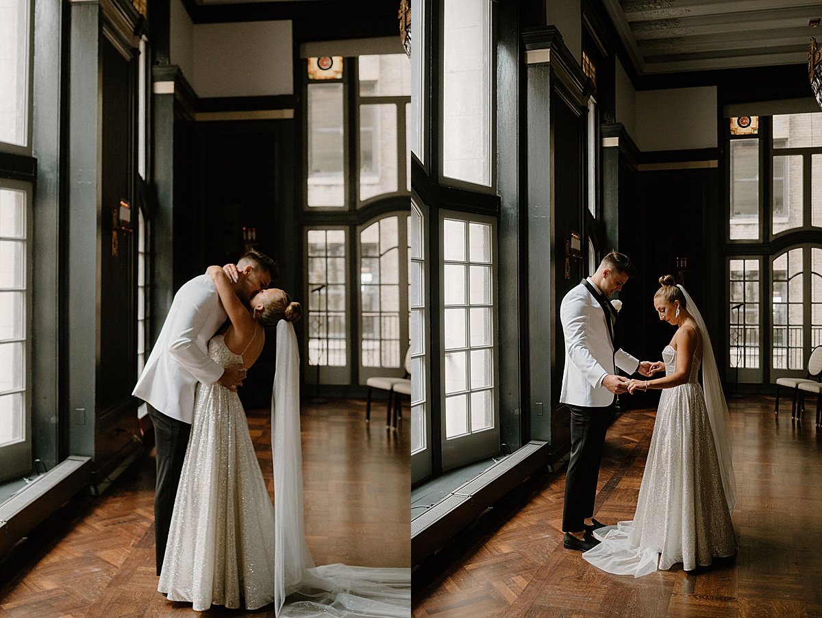 bride and groom happily kiss during first look at Glitz & Glam Chicago Wedding