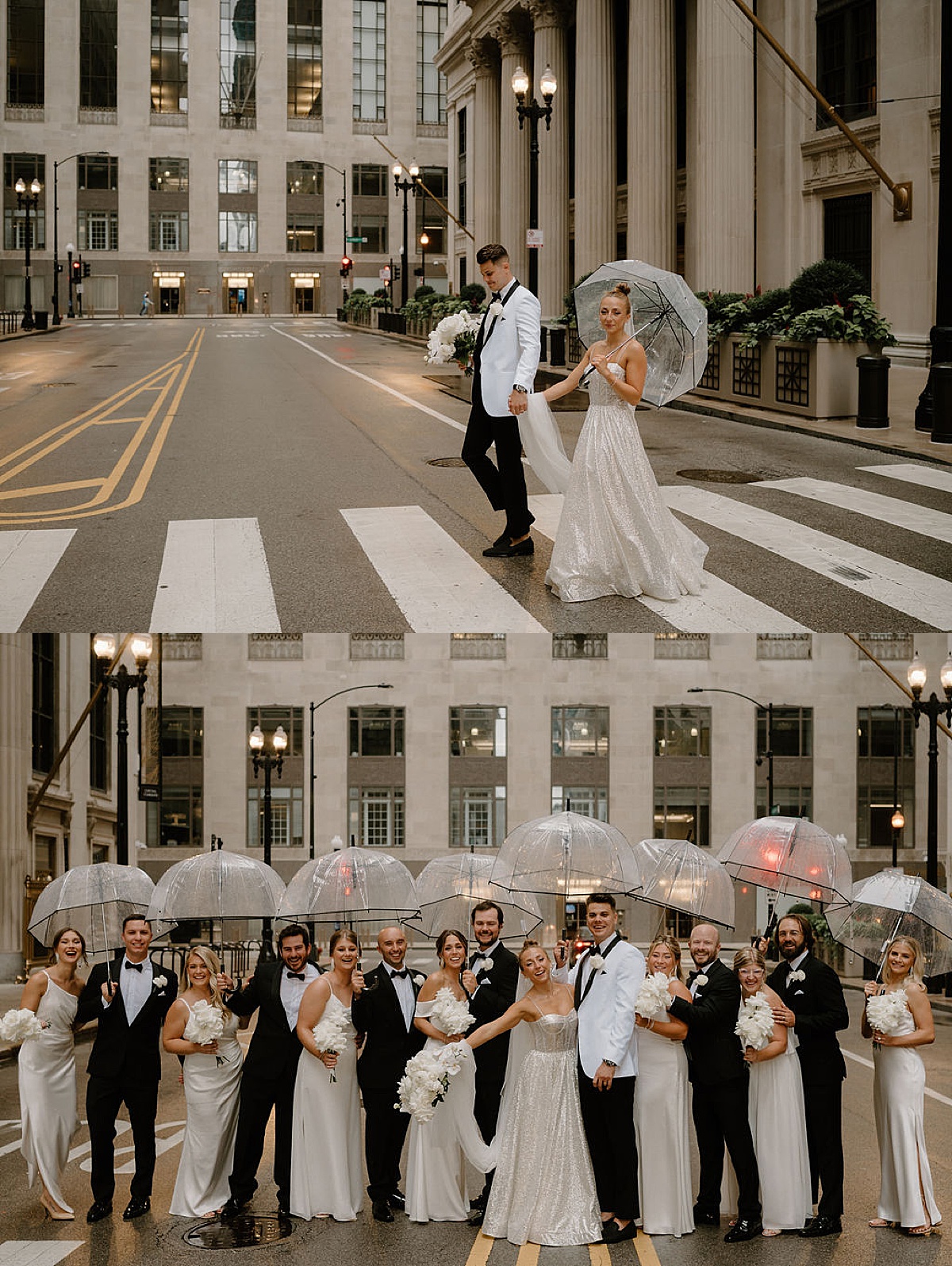 bride and groom pose during rainy Chicago day before ceremony shot by Midwest wedding photographer 