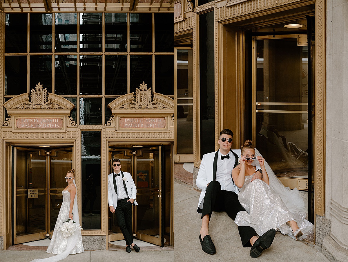 bride and groom in hip glam evening wear pose in front of wrigley building for Midwest wedding photographer 