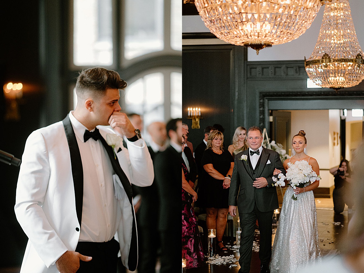 groom has emotional moment as glamorous bride walks the aisle during ceremony shot by Midwest wedding photographer 