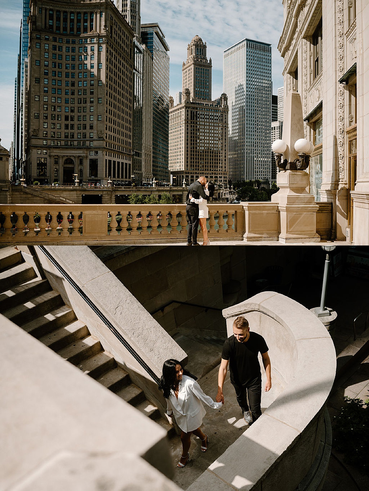 hip man and woman pose on Chicago bridge during big city engagement session