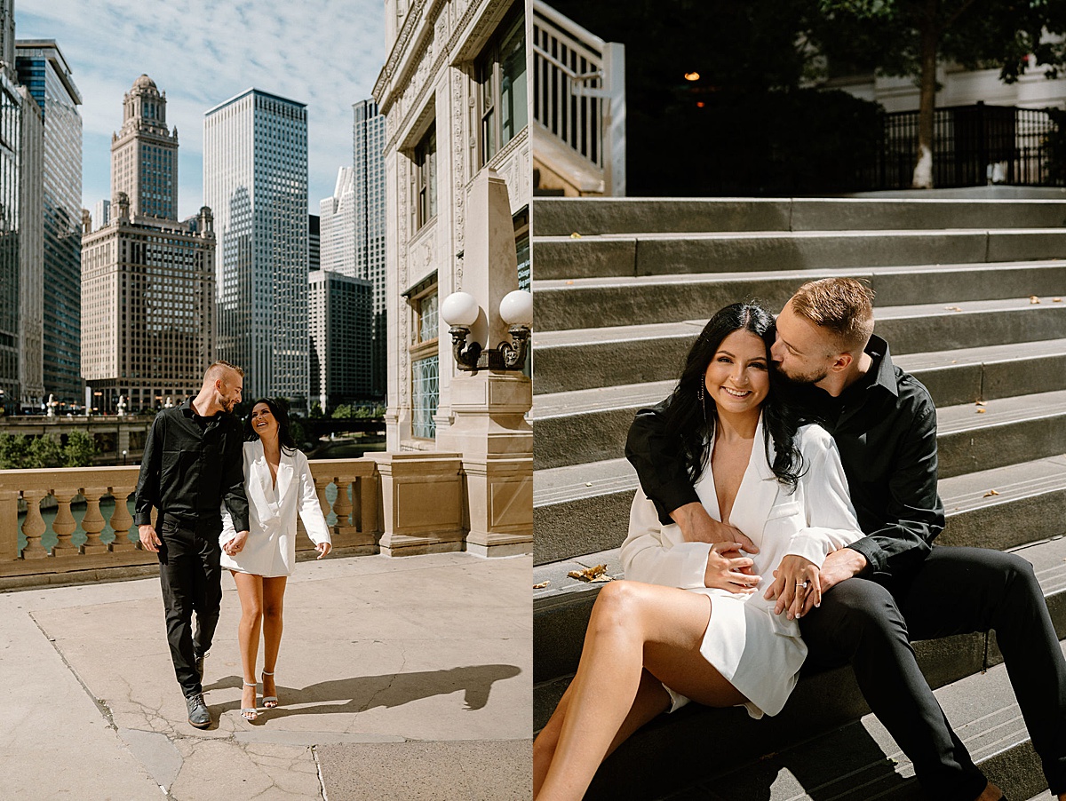 business casual man and woman pose for sexy big city photos with Chicago wedding photographer