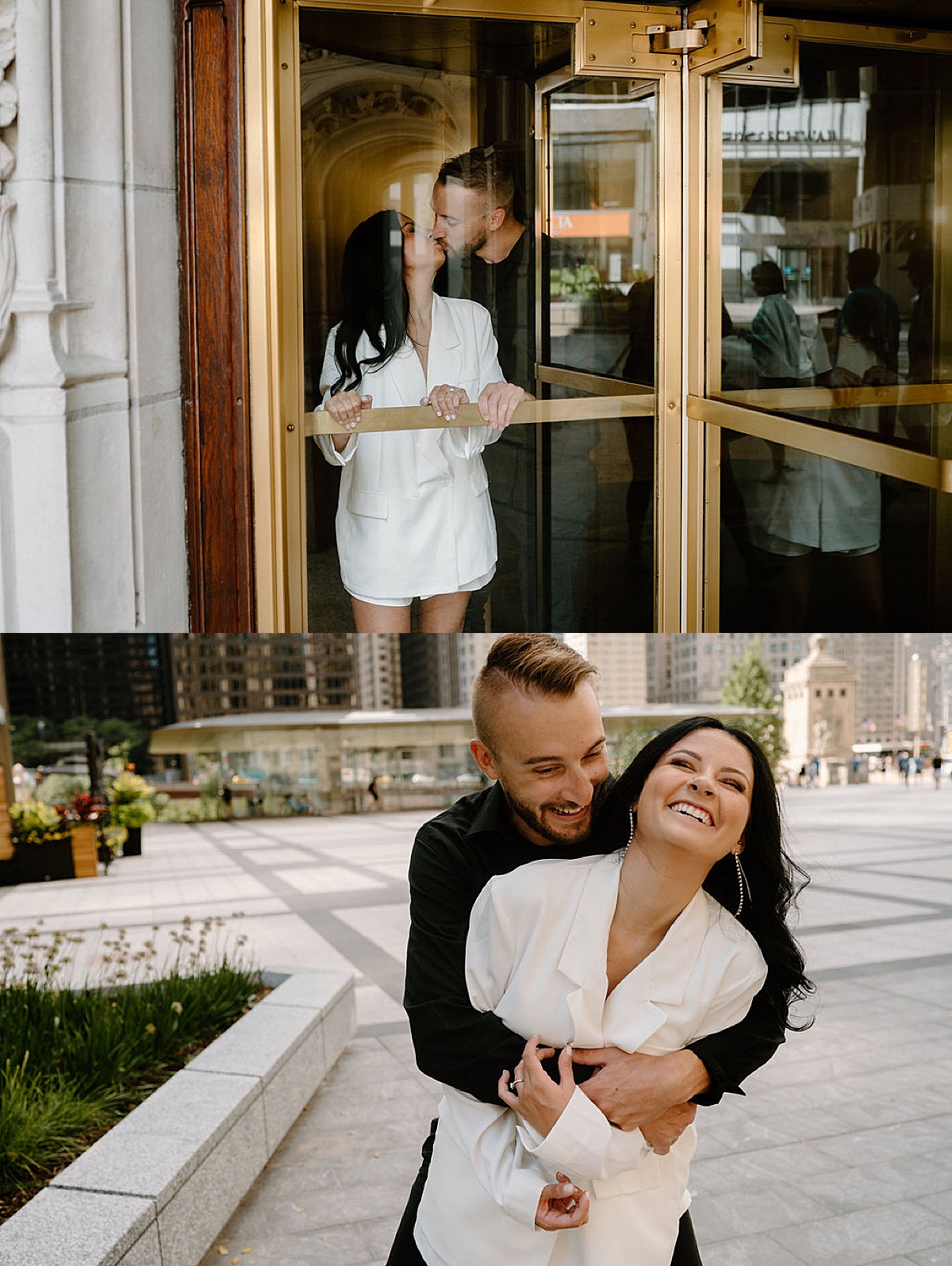 glam woman and chic man pose in revolving door and plaza park during session with Chicago wedding photographer