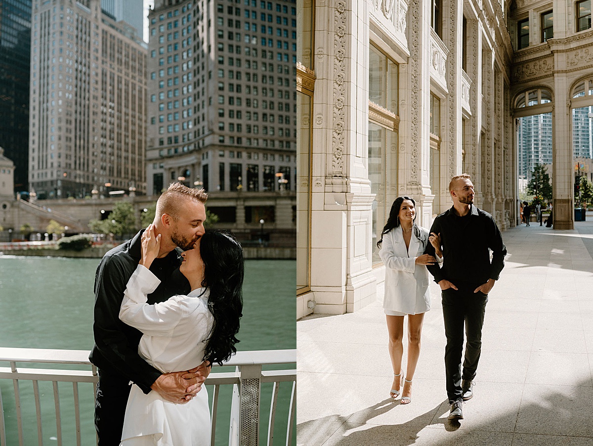 glam couple walk through city streets and by river during session with Chicago wedding photographer