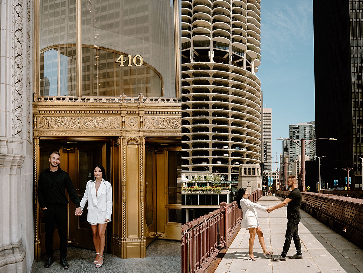 glamorous young couple pose in front of building facade during shoot with Chicago wedding photographer