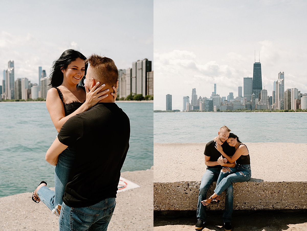 woman in black lace cami and man in black t shirt pose lovingly on Chicago pier during romantic shoot by Indigo Lace Collective