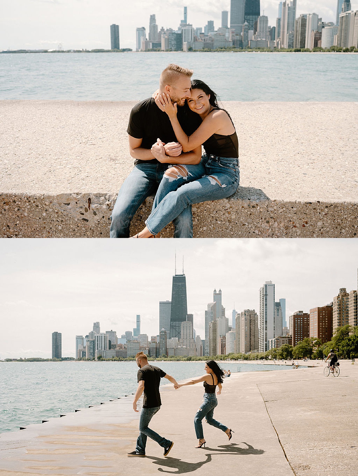 young hip couple playfully pose on Chicago waterfront during shoot with Indigo Lace Collective