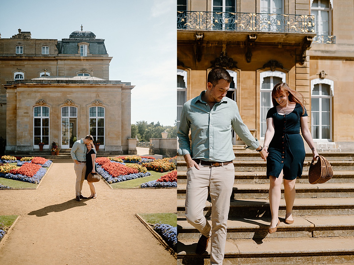 young couple walks the steps of a country house during Wrest Park Engagement session in London