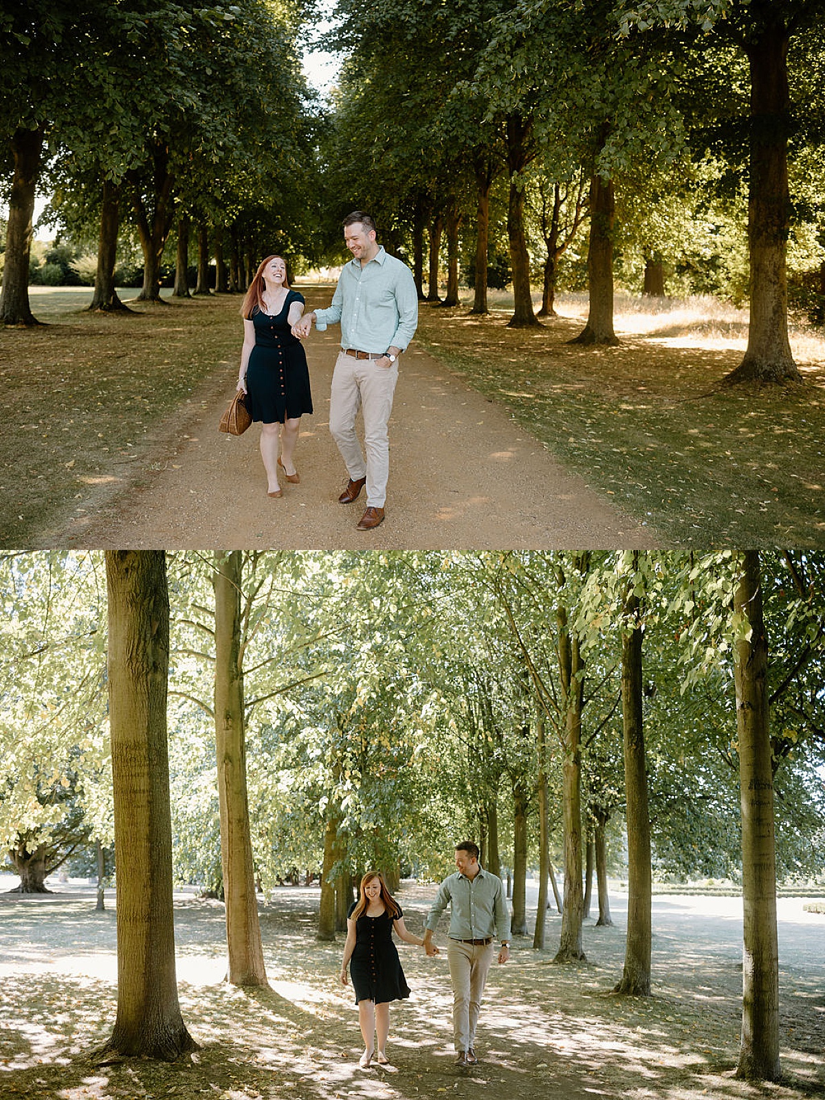 Couple wanders through tree lined path during idyllic Wrest Park Engagement session