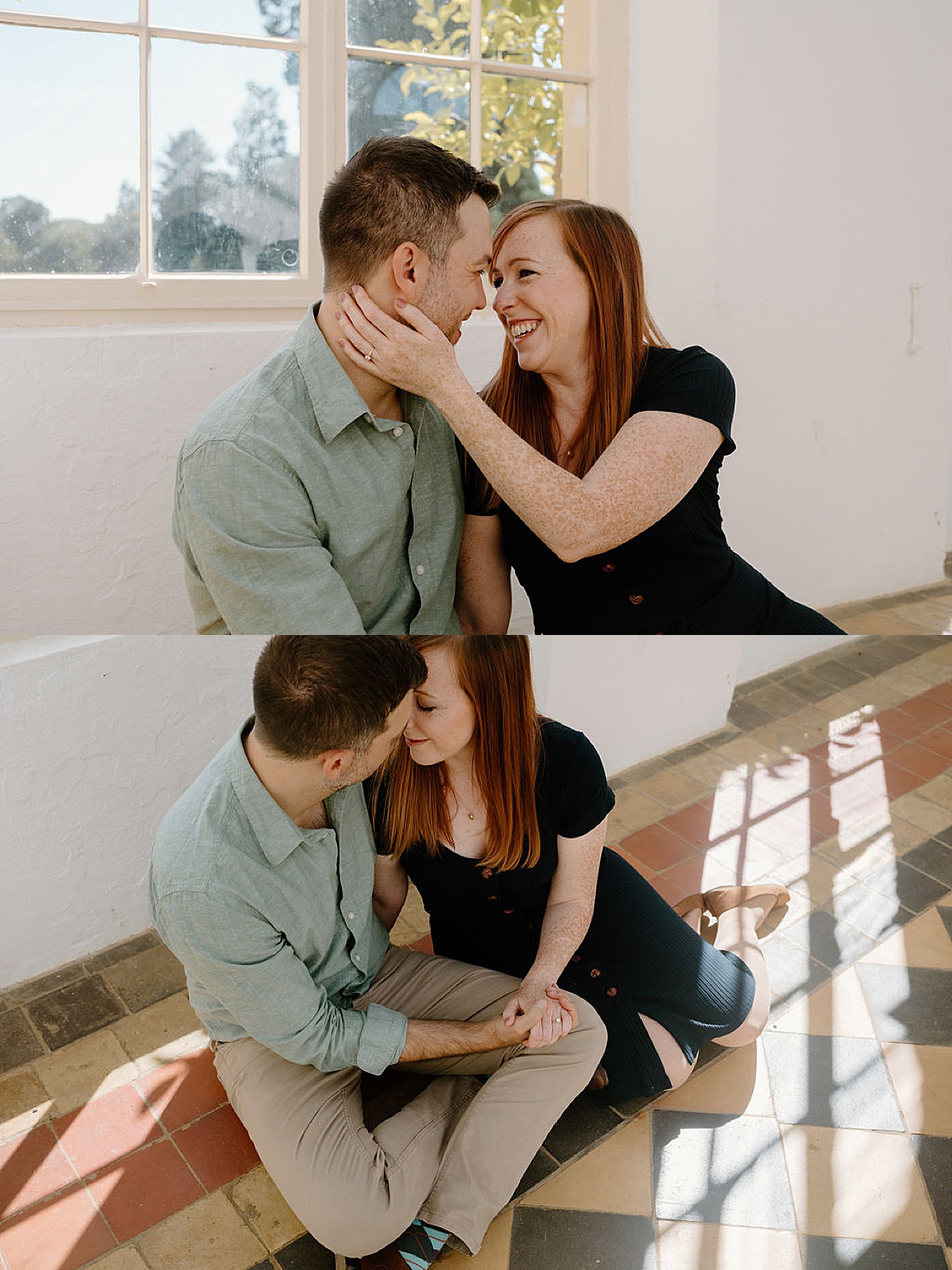 Red headed woman with freckles embraces fiance during romantic photoshoot with London Wedding Photographer
