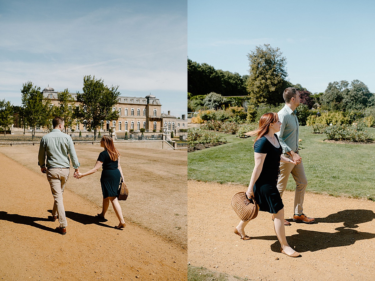Couple walks beautiful park and garden grounds during shoot with London Wedding Photographer