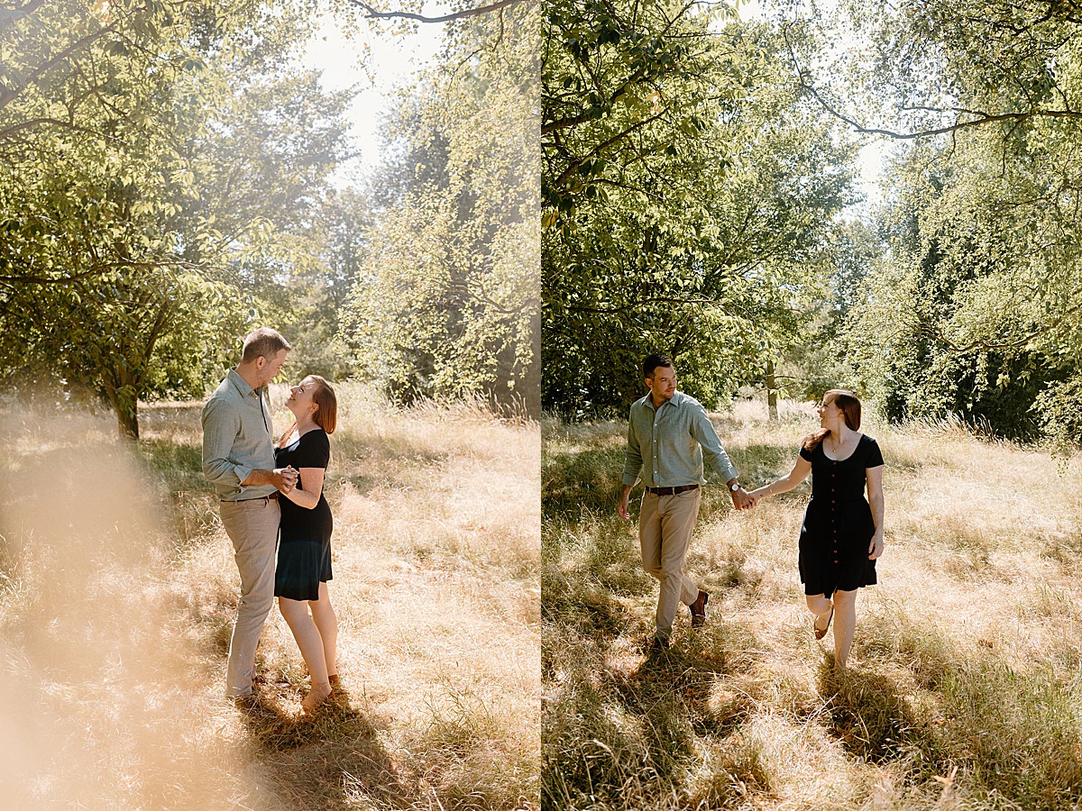 newly engaged couple wander park woods during sweet photoshoot with London Wedding Photographer