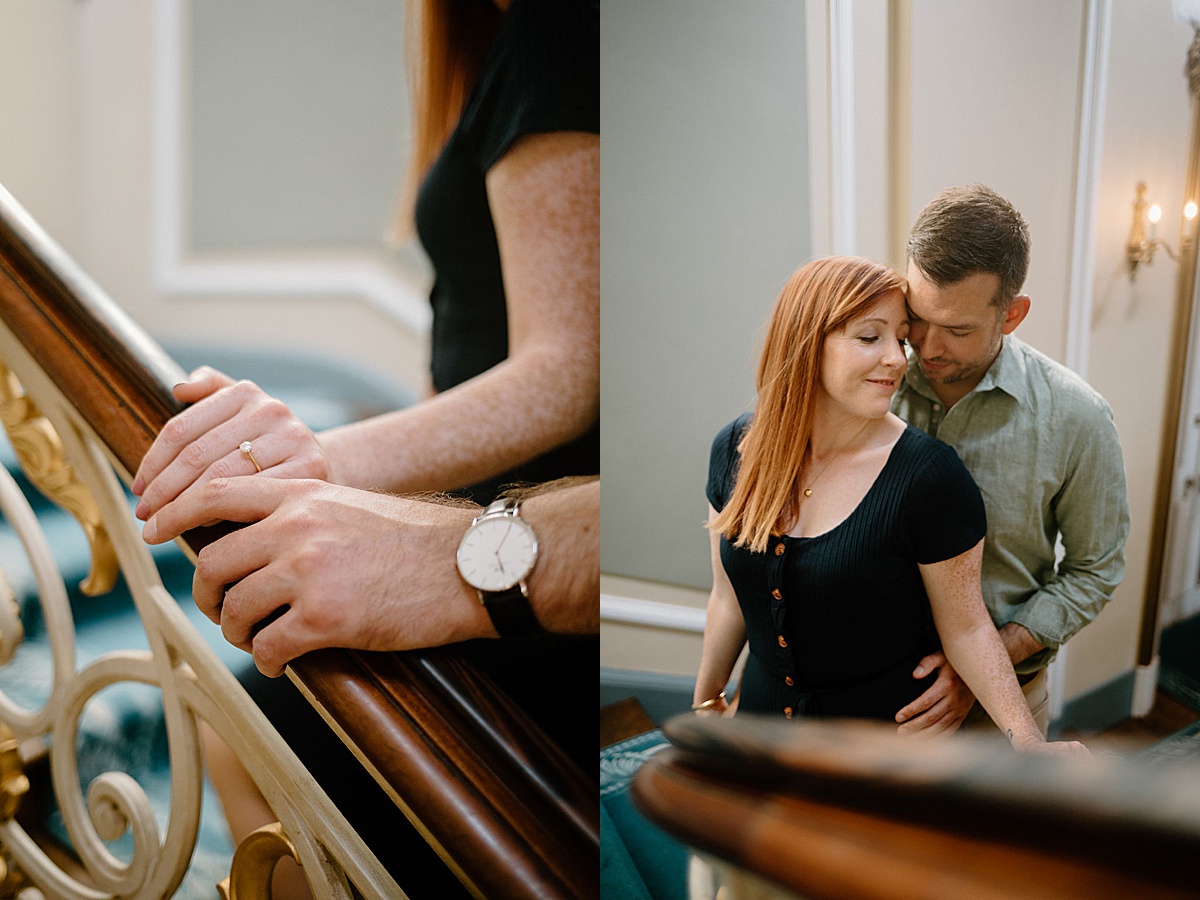couple pause for romantic photoshoot on elegant staircase with London Wedding Photographer