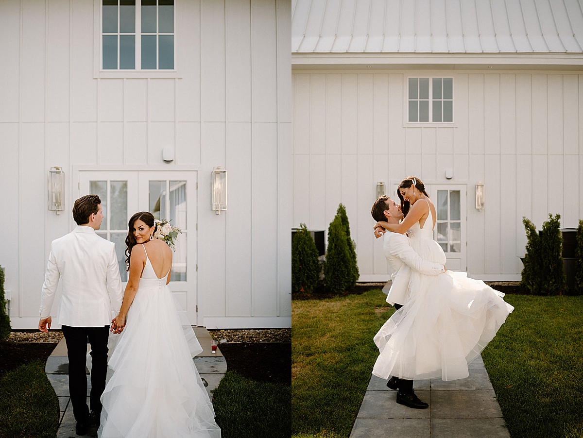 bride in tulle gown and groom in qhite dinner jacket pose at romantic Etre Farms summer wedding