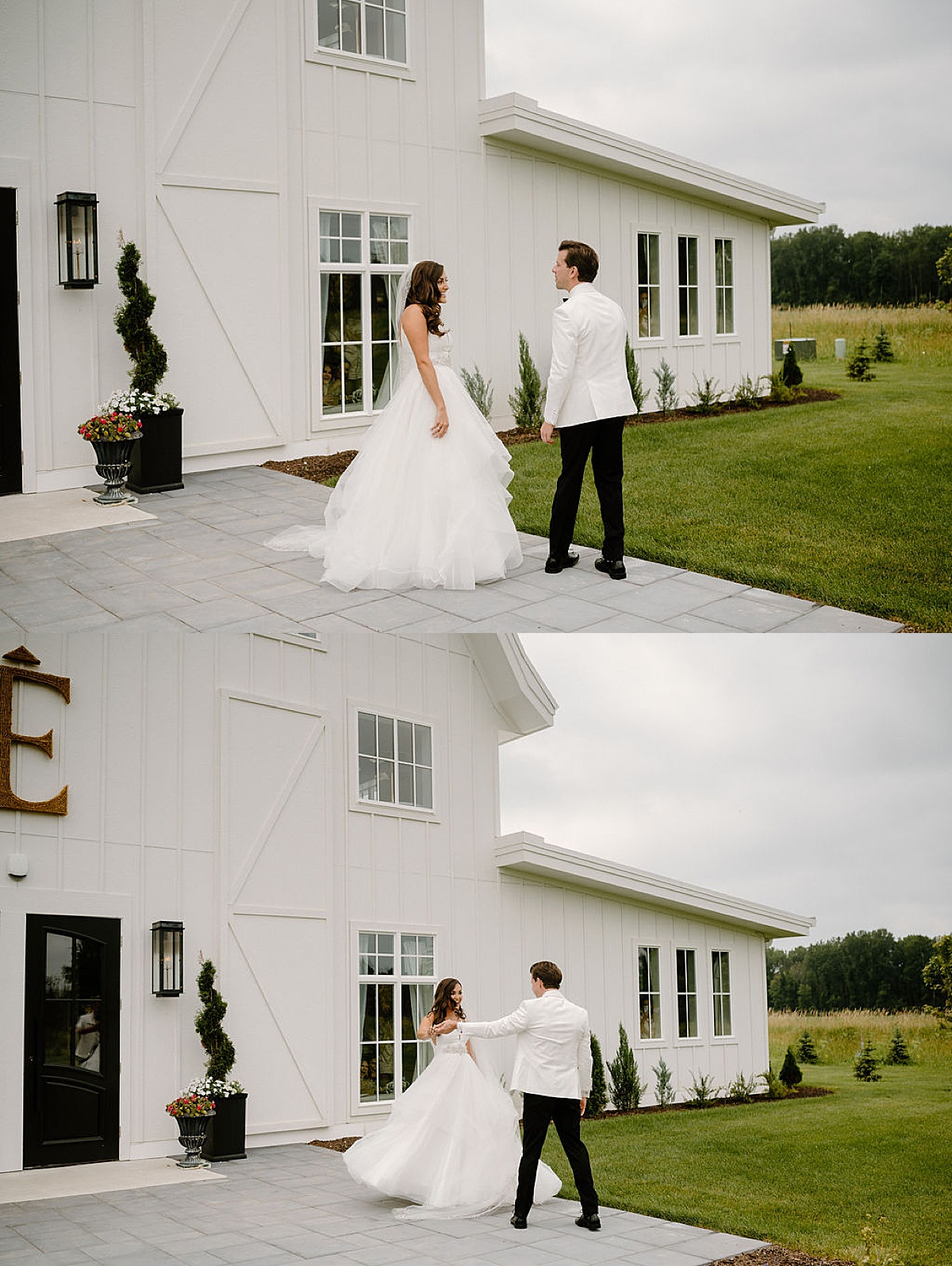 bride in tulle dress and groom in white coat dance on patio at romantic Etre Farms summer wedding